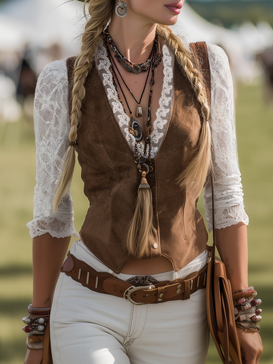 Calliope | Damen Western Langarm Spitzenärmel Bluse