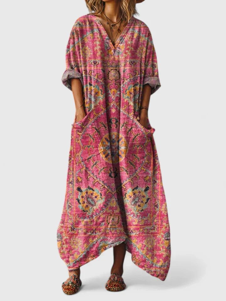 Calypso | Damen Paisley Boho Maxikleid mit V-Ausschnitt