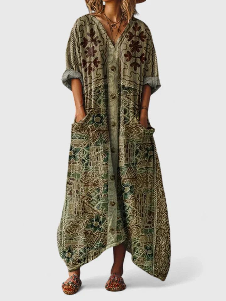 Calypso | Damen Paisley Boho Maxikleid mit V-Ausschnitt