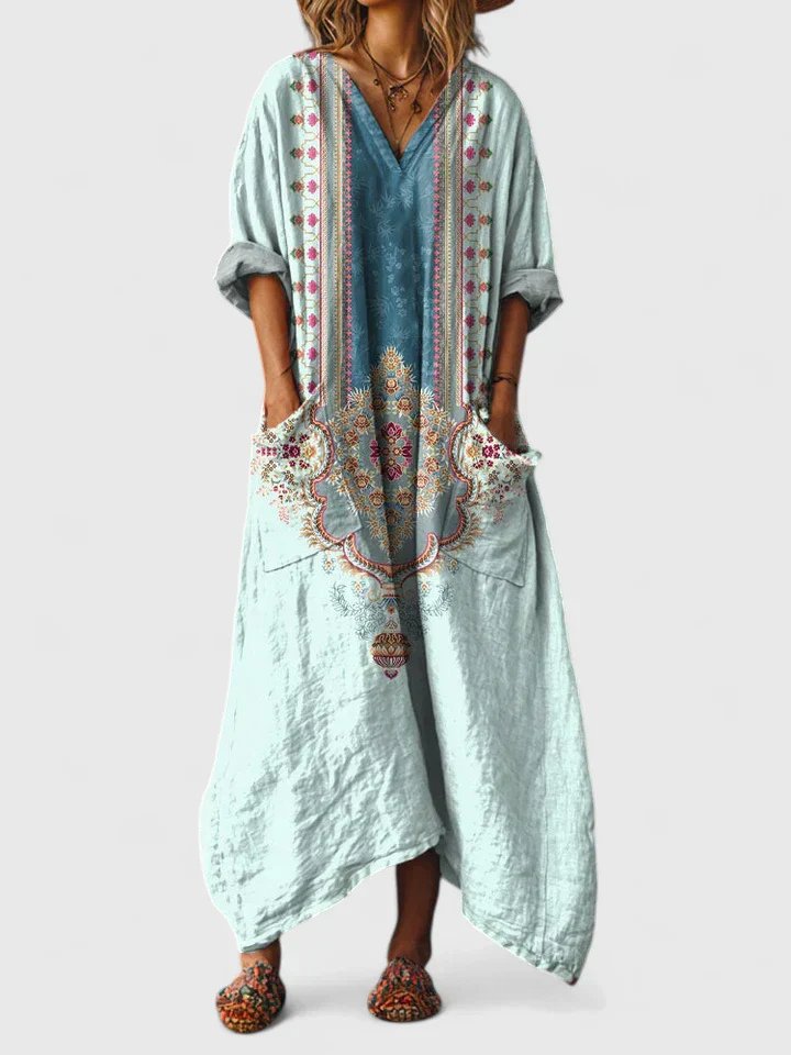 Calypso | Damen Paisley Boho Maxikleid mit V-Ausschnitt