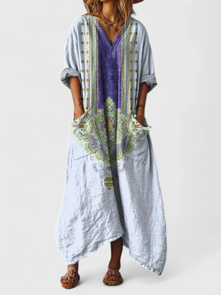 Calypso | Damen Paisley Boho Maxikleid mit V-Ausschnitt