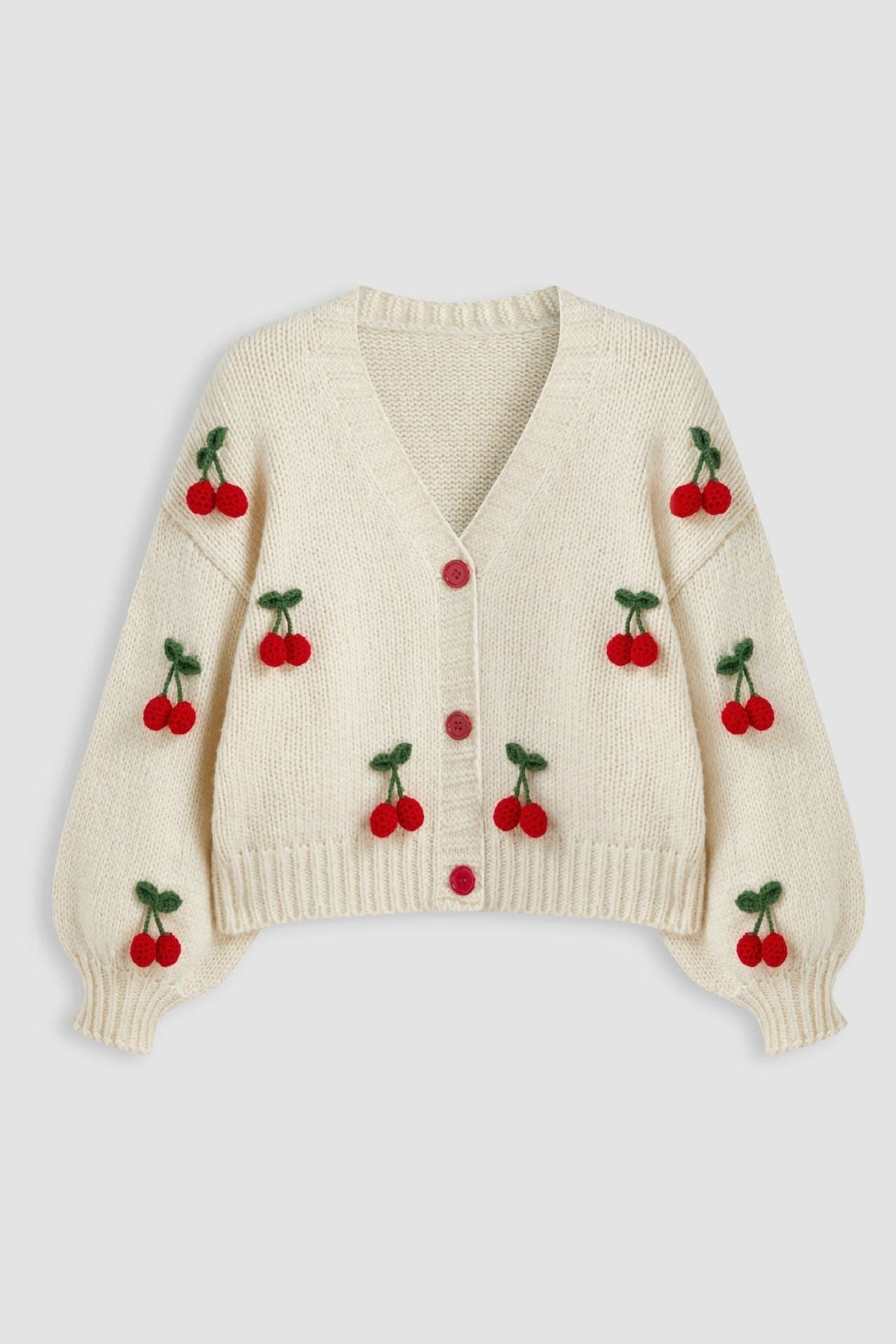Lockerer Strickcardigan mit V-Ausschnitt und Kirschapplikationen – Frieda
