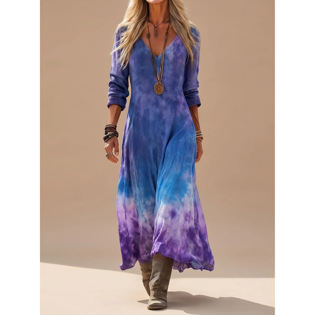 Celina | Damen Boho Maxikleid mit Langarm, V Ausschnitt und Vintage Farbverlauf