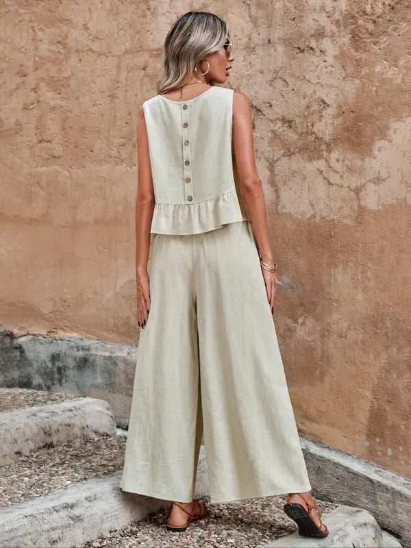 Lotte | Damen Set Rüschen-Top Rückenknöpfe Weite Hose