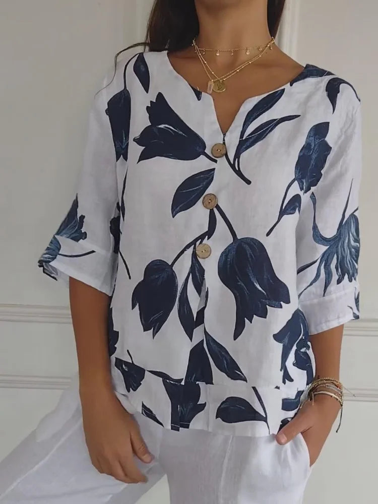 Elara - Botanische V-Ausschnitt Bluse
