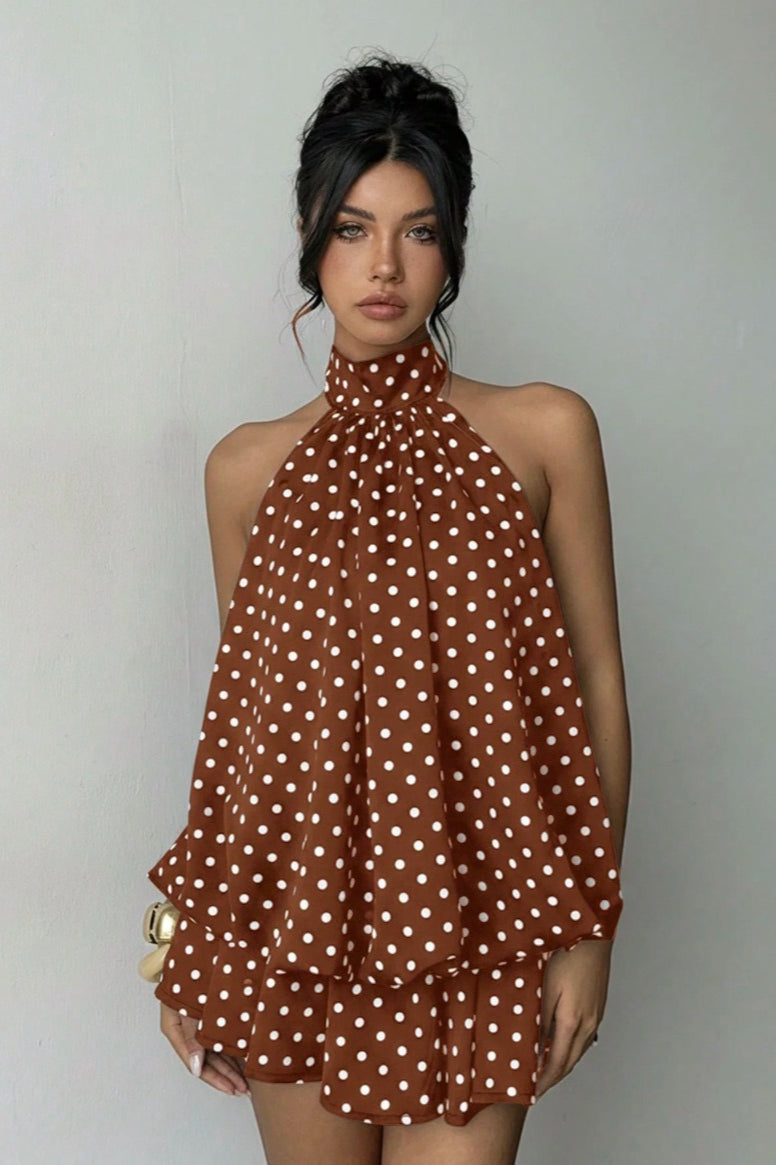 Polka Dot Halfter Minikleid mit rückenfreier Schnürung