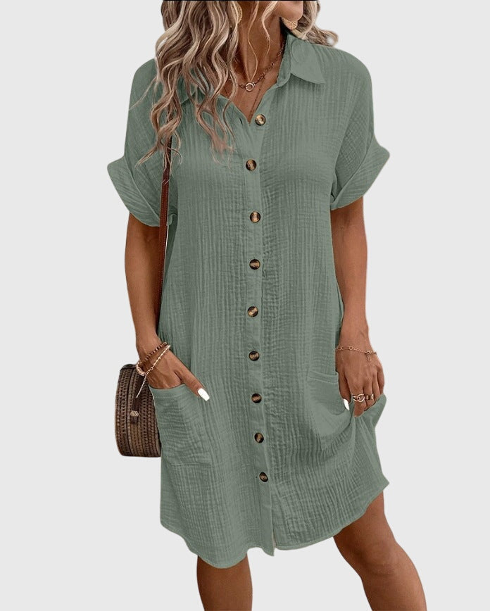 Locker geschnittenes Sommerkleid mit Knopfleiste – Midikleid Kurzarm Polokleid