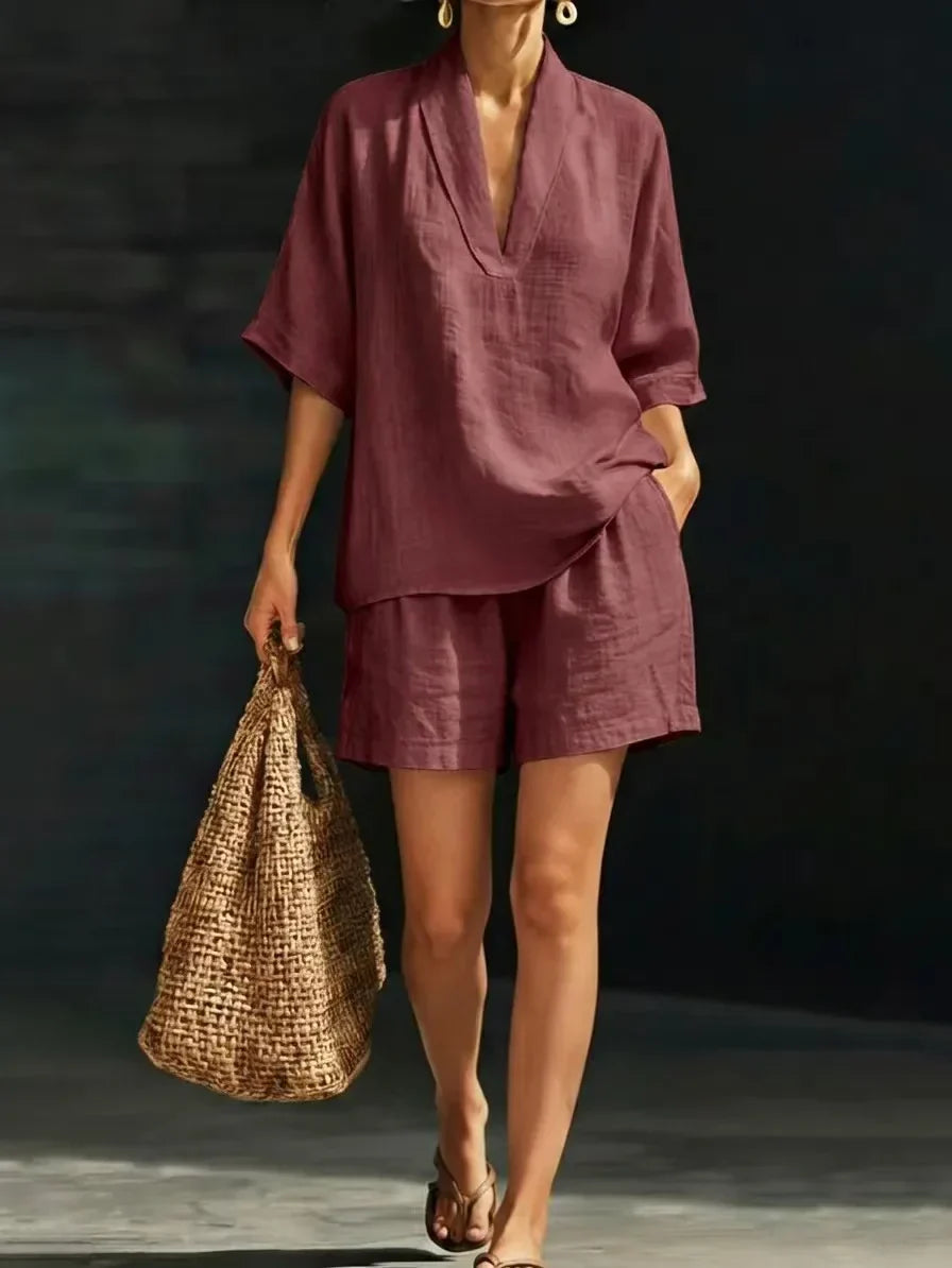 Silvani - Lässiges Set Aus Baumwoll Top Mit V-ausschnitt Und Shorts