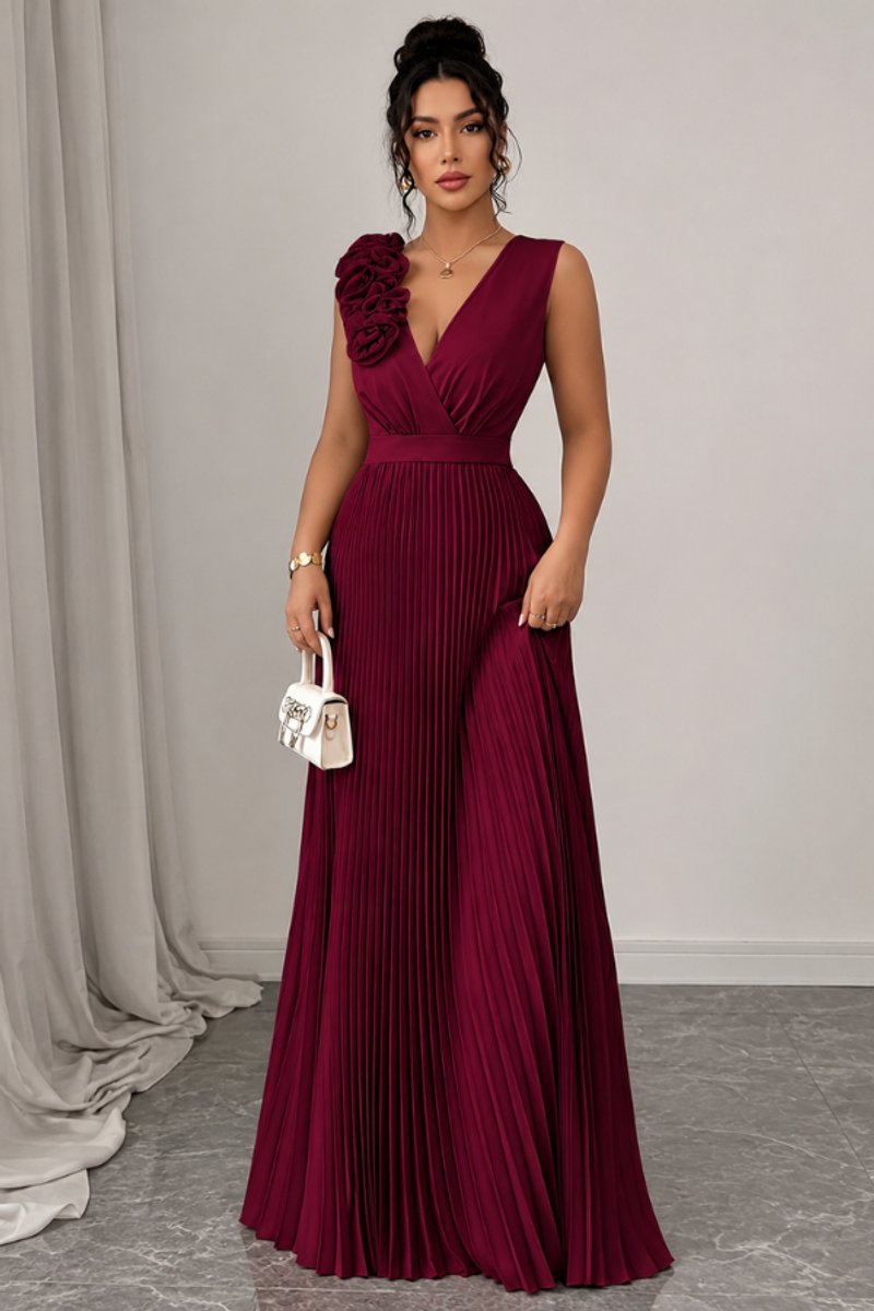 Katharina | Damen Abendkleid ärmellos plissiert A-Linie Blumenapplikation