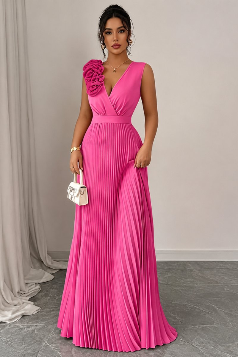 Katharina | Damen Abendkleid ärmellos plissiert A-Linie Blumenapplikation