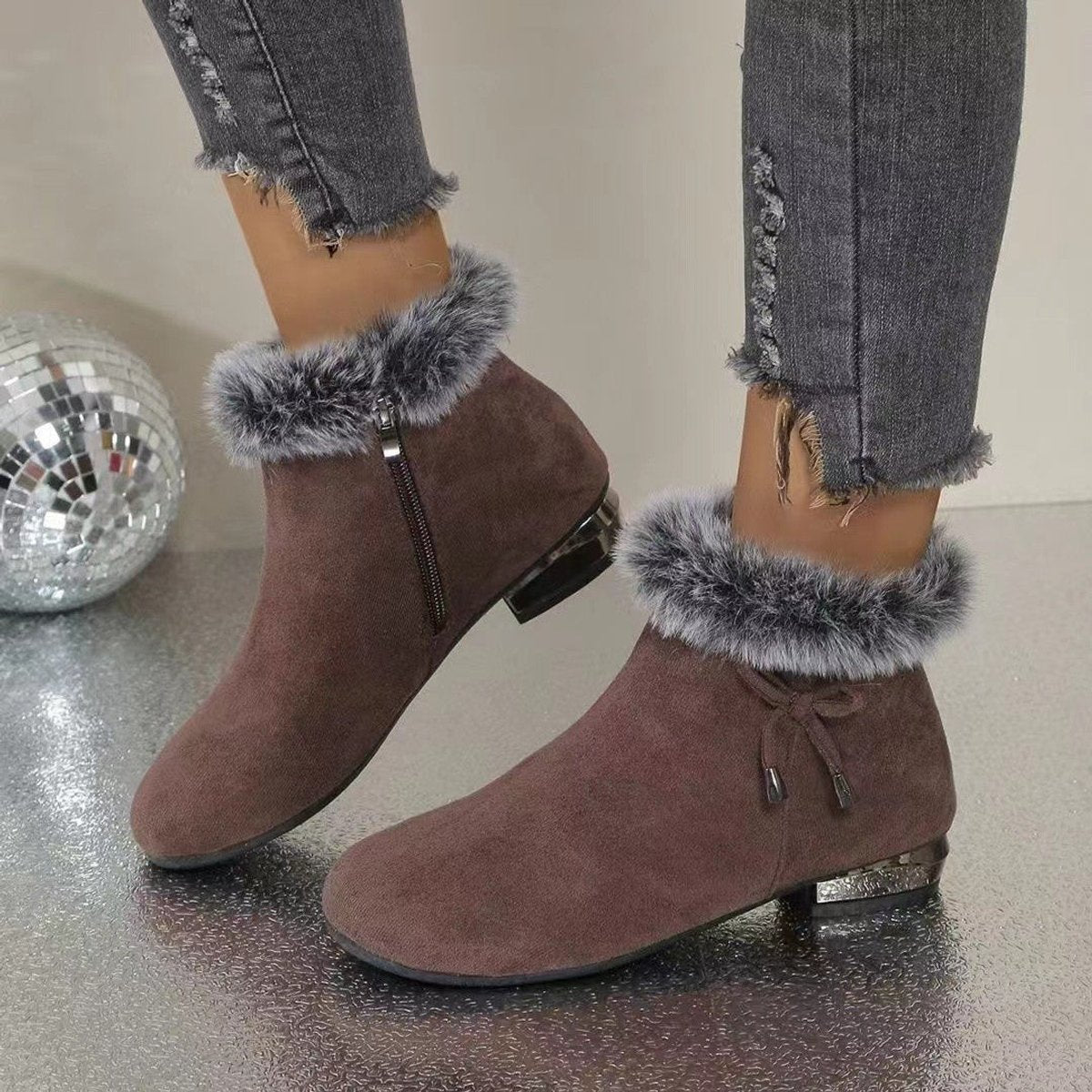 Johanna | Damen Ankle Boots Wildleder-Optik Kunstfell-Stiefeletten Blockabsatz