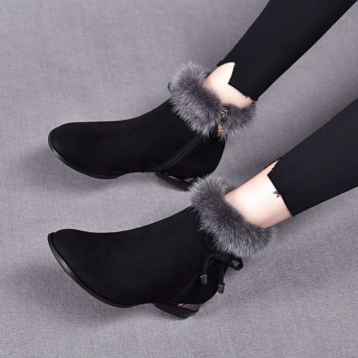 Johanna | Damen Ankle Boots Wildleder-Optik Kunstfell-Stiefeletten Blockabsatz