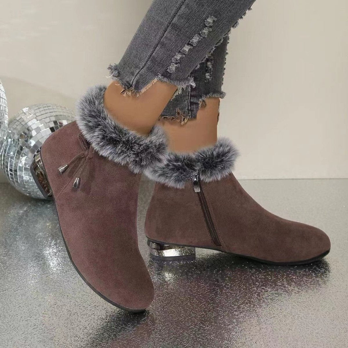 Johanna | Damen Ankle Boots Wildleder-Optik Kunstfell-Stiefeletten Blockabsatz