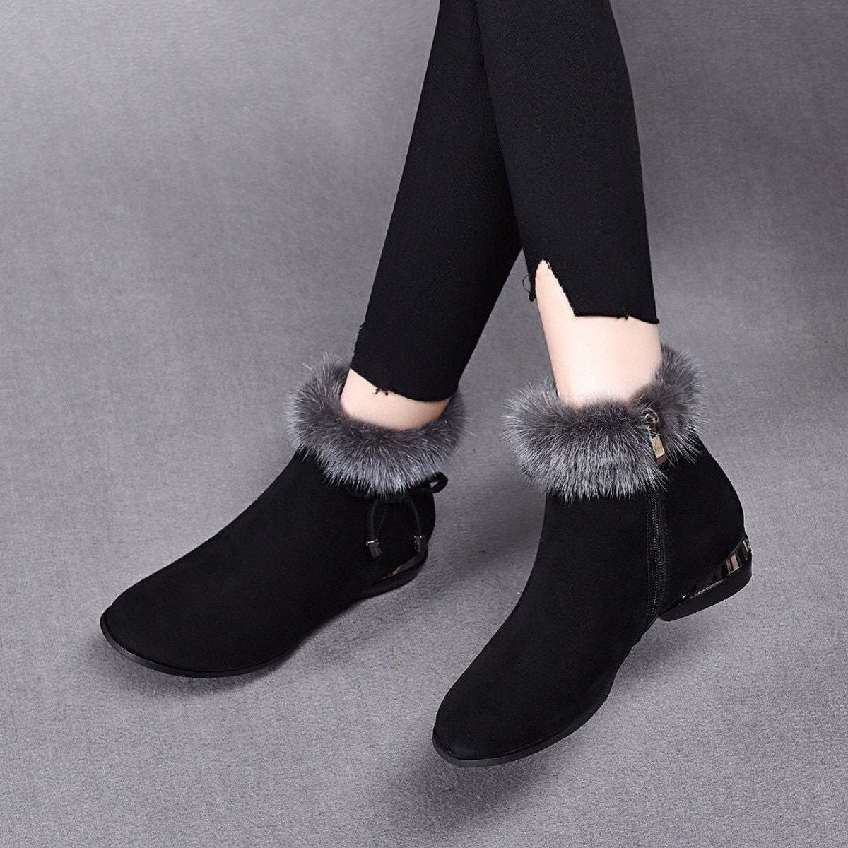 Johanna | Damen Ankle Boots Wildleder-Optik Kunstfell-Stiefeletten Blockabsatz