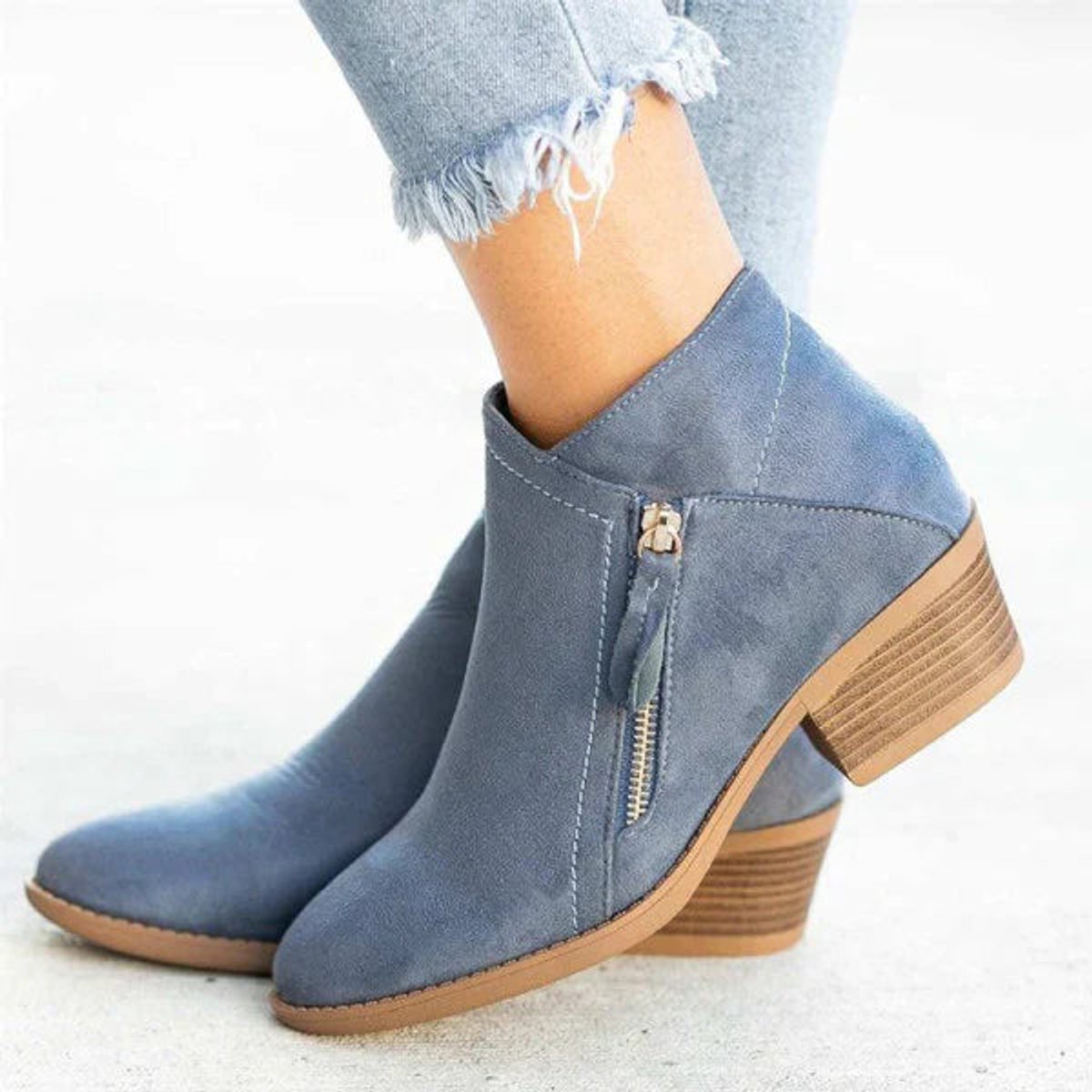 Katharina | Damen Ankle Boots Wildleder-Optik Niedriger Absatz Reißverschluss