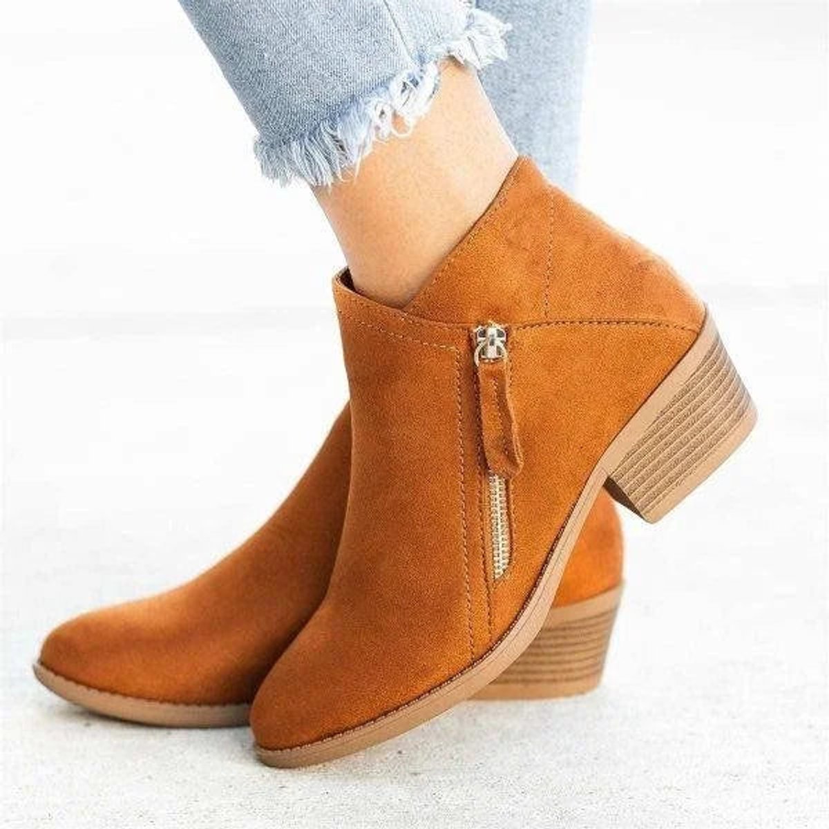 Katharina | Damen Ankle Boots Wildleder-Optik Niedriger Absatz Reißverschluss