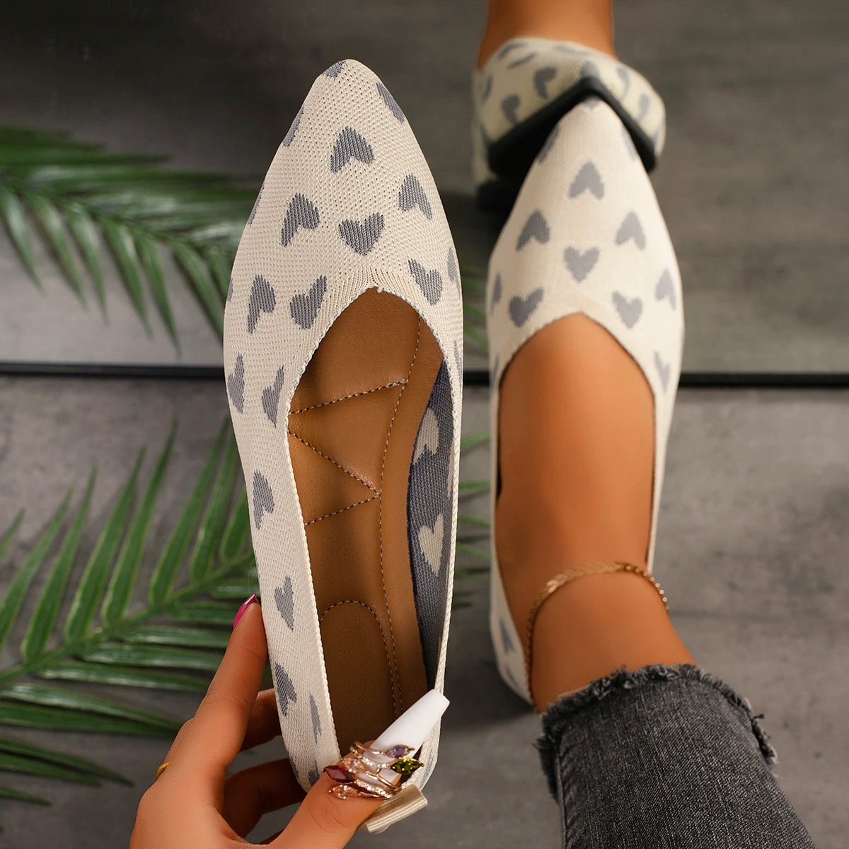 Damen Ballerinas Herzmuster Spitz