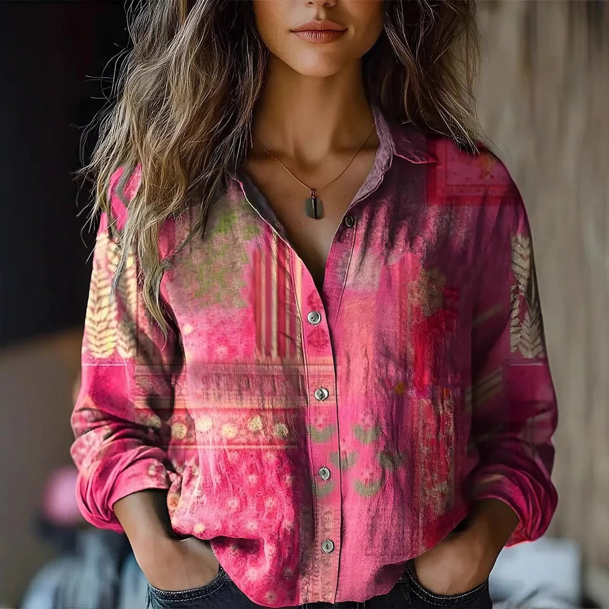 Frieda | Damen Boho Bluse Langarm geknöpft mit Blumenmuster