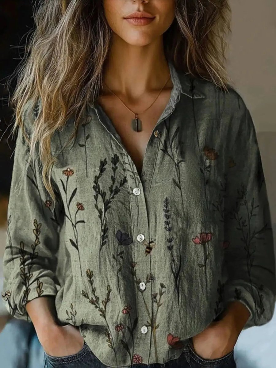Frieda | Damen Boho Bluse Langarm geknöpft mit Blumenmuster