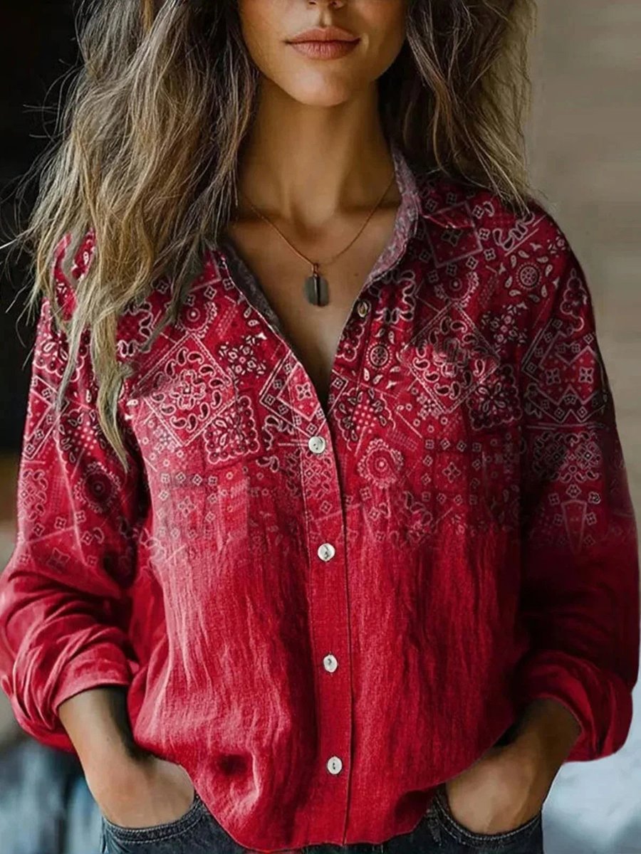 Frieda | Damen Boho Bluse Langarm geknöpft mit Blumenmuster
