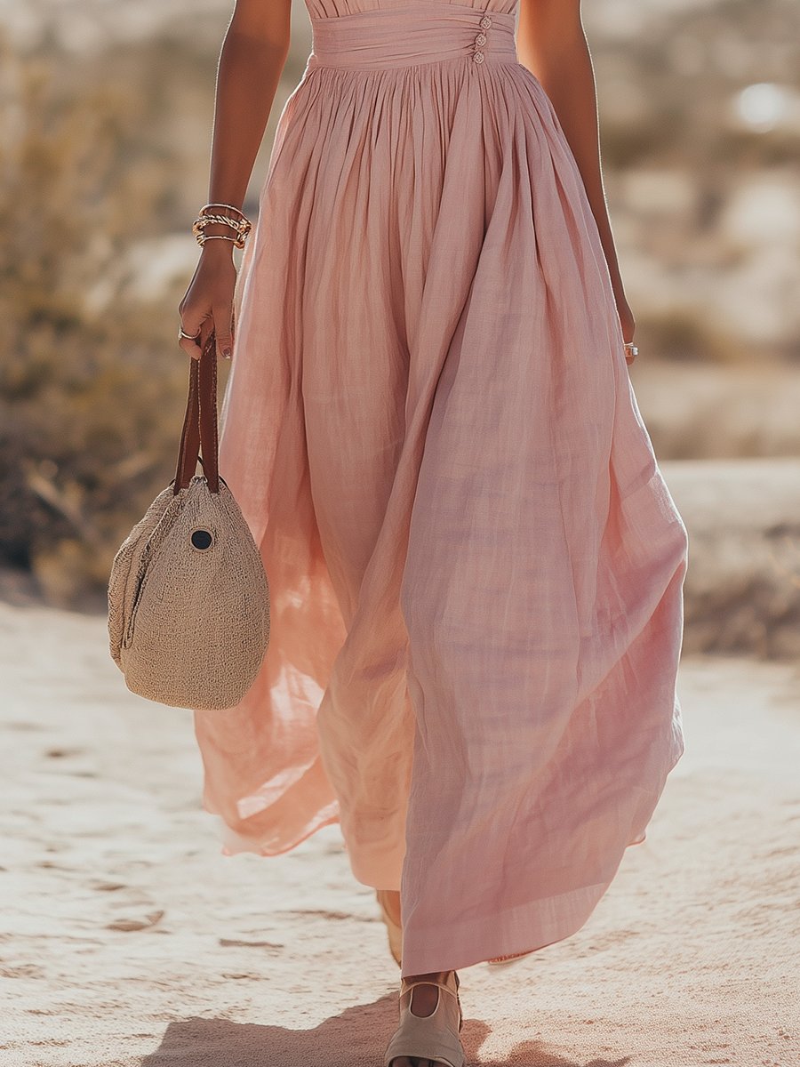 Lena | Damen Boho Neckholder Maxi Kleid aus Leinen
