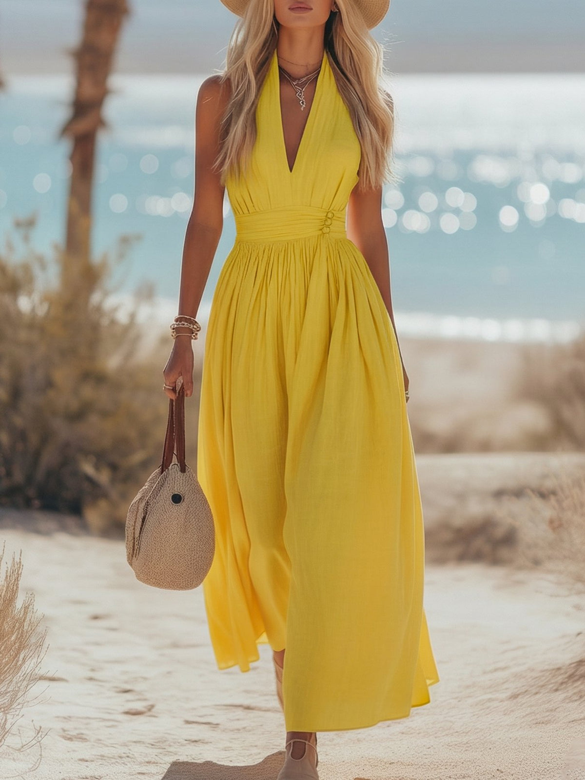 Lena | Damen Boho Neckholder Maxi Kleid aus Leinen