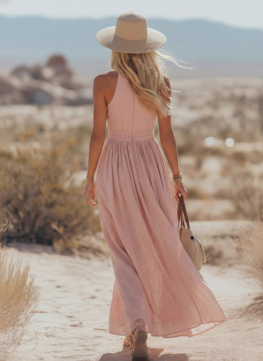 Lena | Damen Boho Neckholder Maxi Kleid aus Leinen