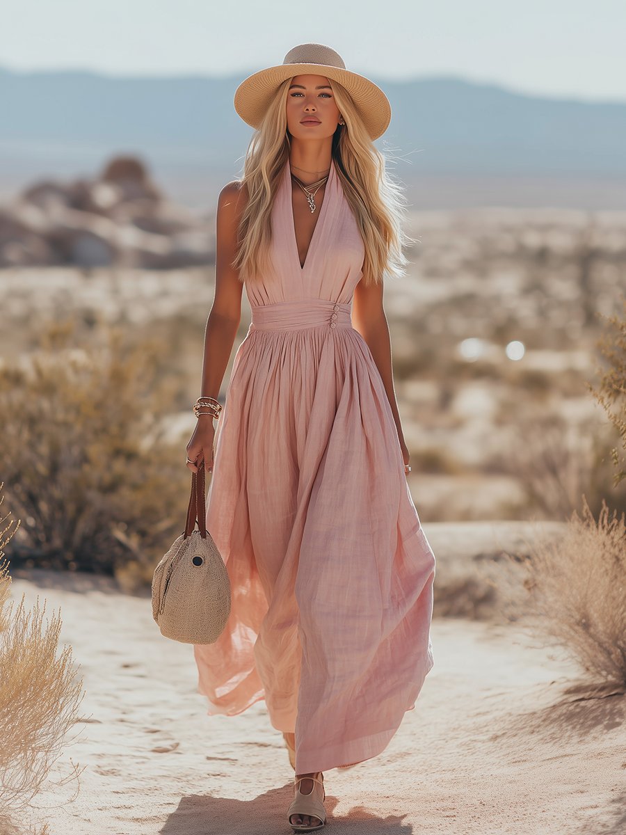 Lena | Damen Boho Neckholder Maxi Kleid aus Leinen