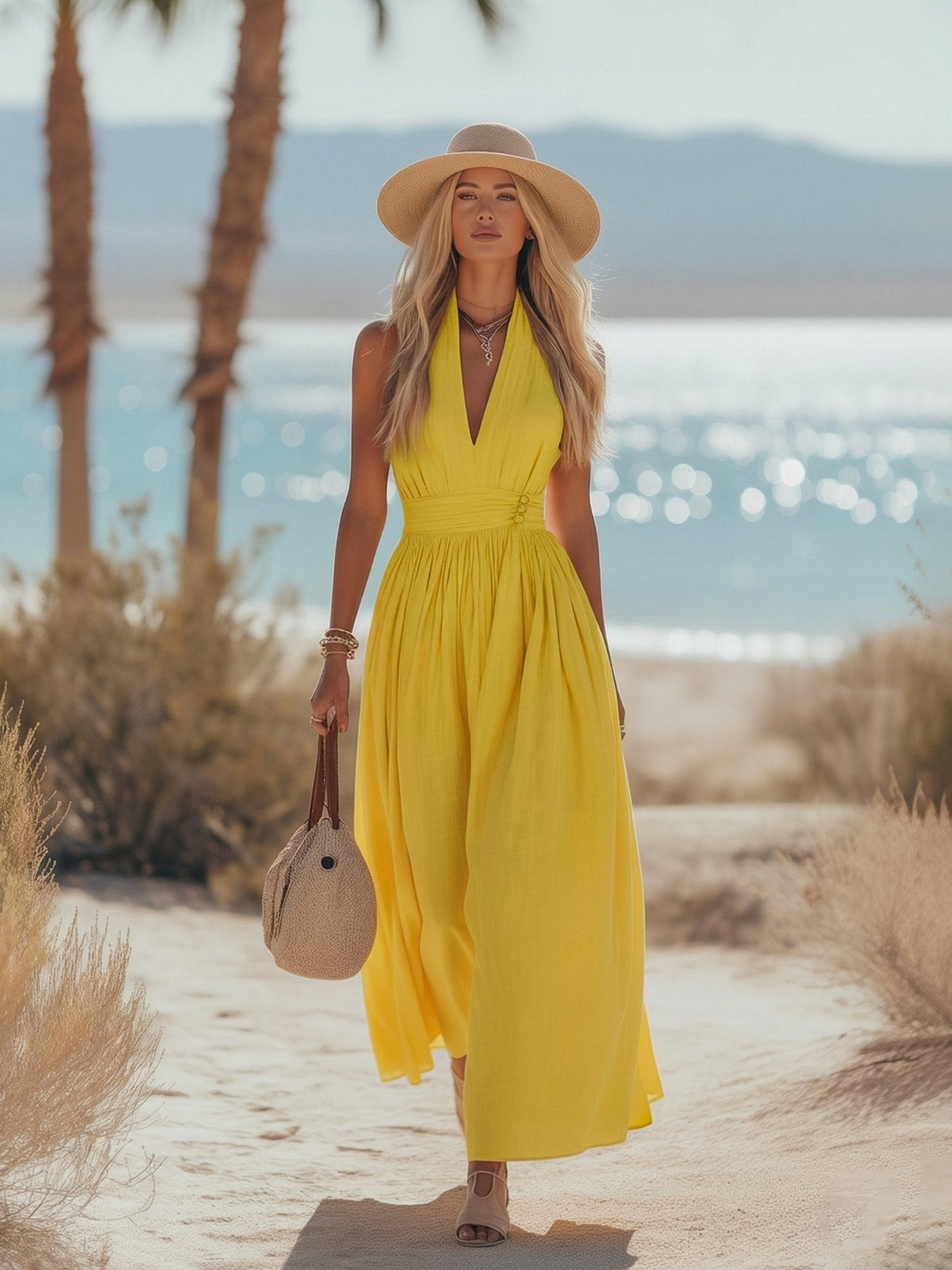 Lena | Damen Boho Neckholder Maxi Kleid aus Leinen