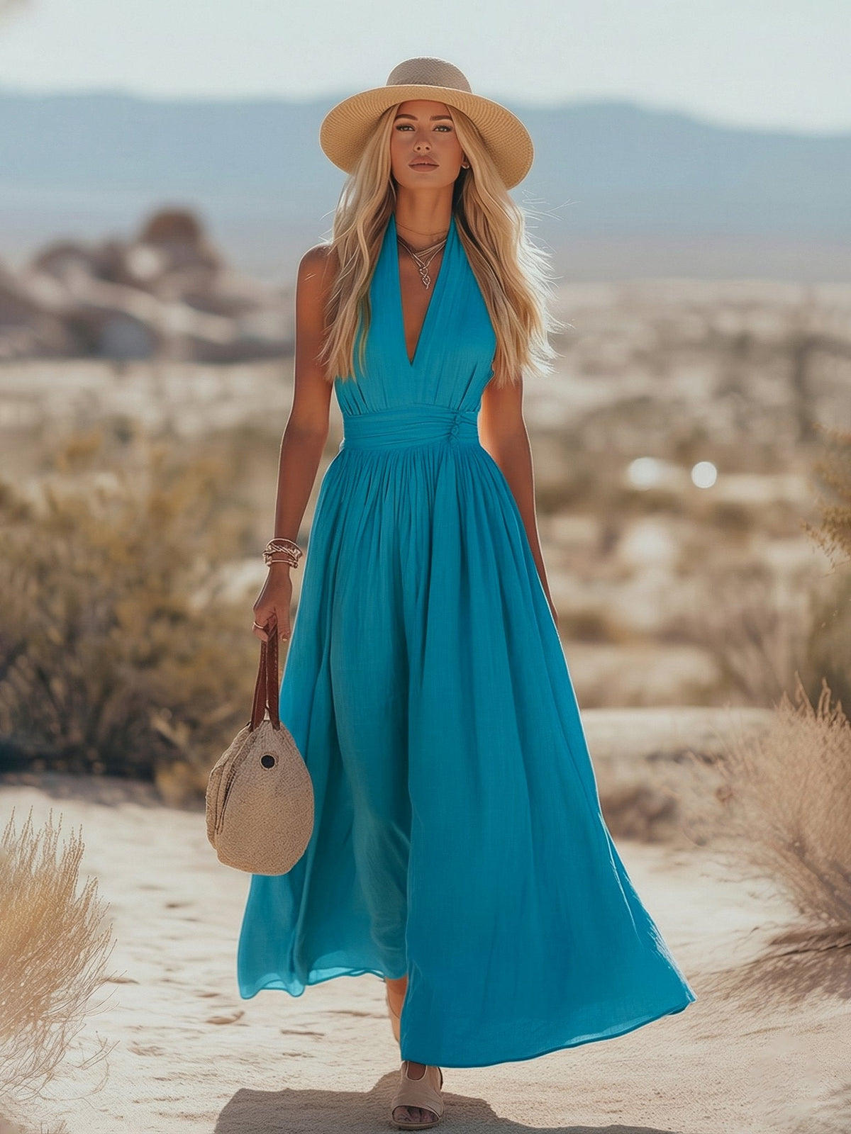 Lena | Damen Boho Neckholder Maxi Kleid aus Leinen