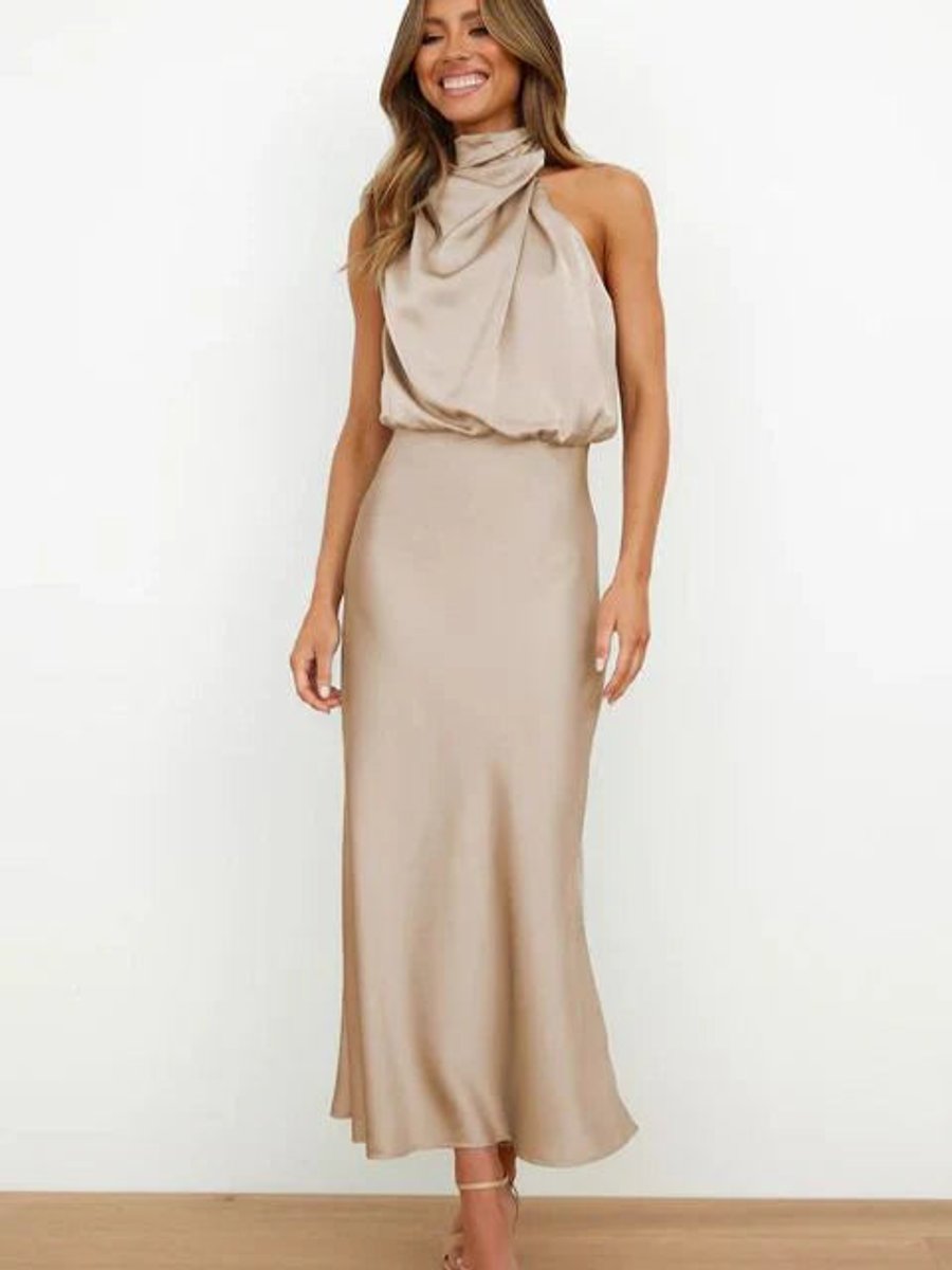 Emilia | Damen Cocktailkleid Satin Midi Halterneck Abendkleid elegant