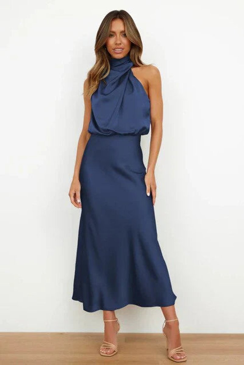 Emilia | Damen Cocktailkleid Satin Midi Halterneck Abendkleid elegant
