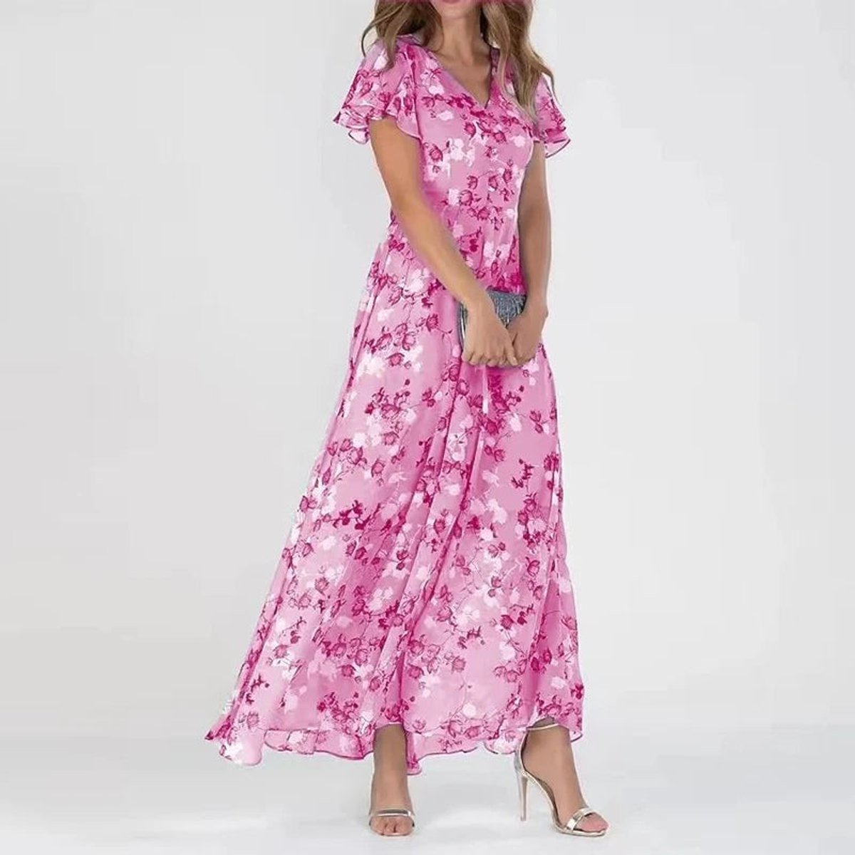 Amelie | Damen Cocktailparty-Kleid Blumen Maxi V-Ausschnitt Rüschen