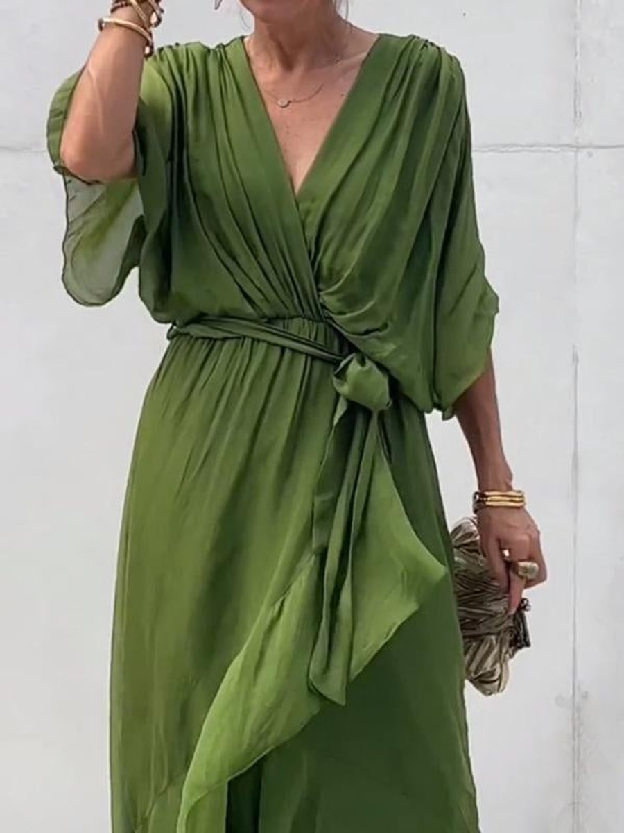 Frieda | Damen Cocktailparty-Kleid Elegantes Chiffon Midi V-Ausschnitt Bindegürtel