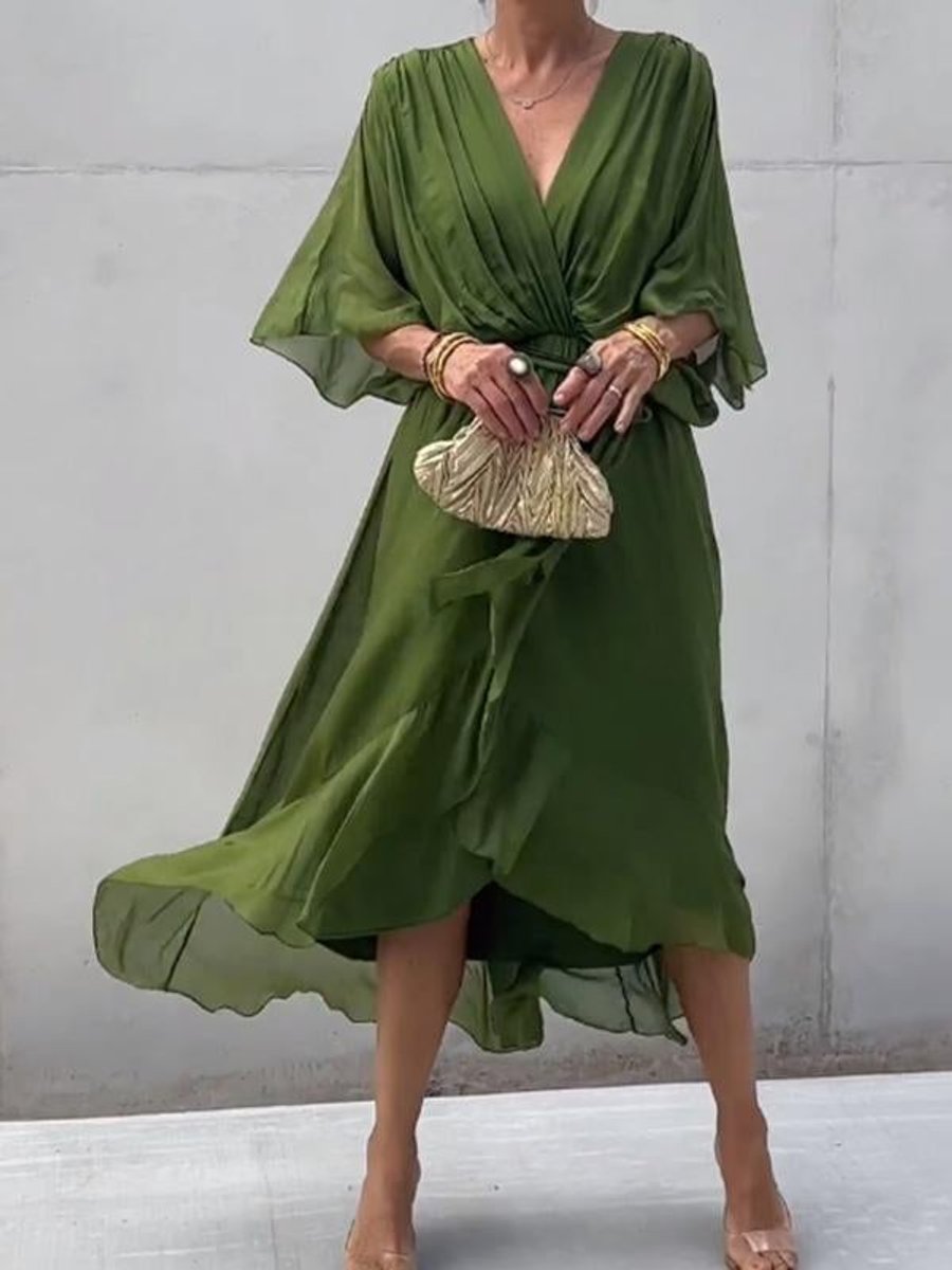 Frieda | Damen Cocktailparty-Kleid Elegantes Chiffon Midi V-Ausschnitt Bindegürtel