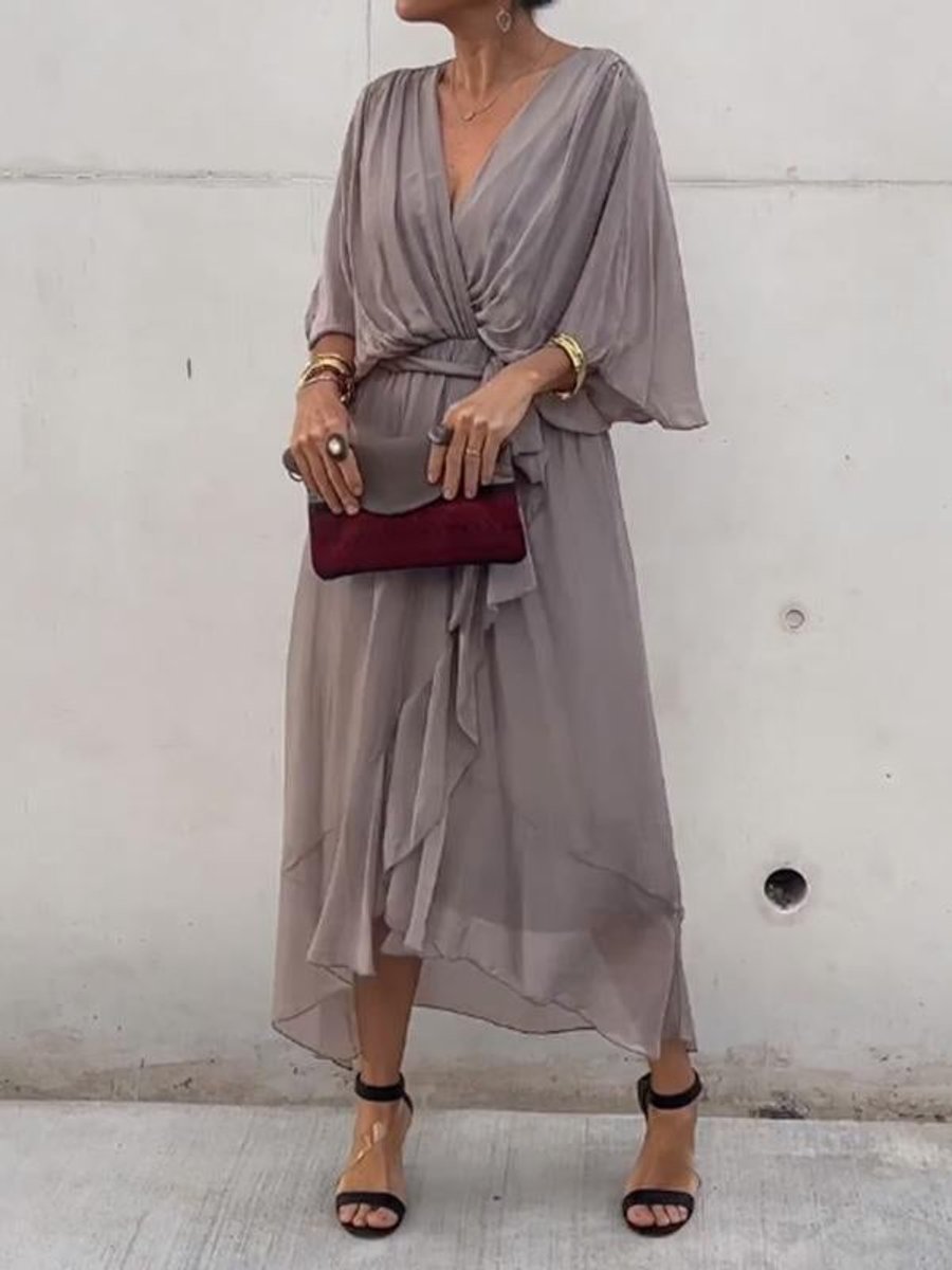 Frieda | Damen Cocktailparty-Kleid Elegantes Chiffon Midi V-Ausschnitt Bindegürtel