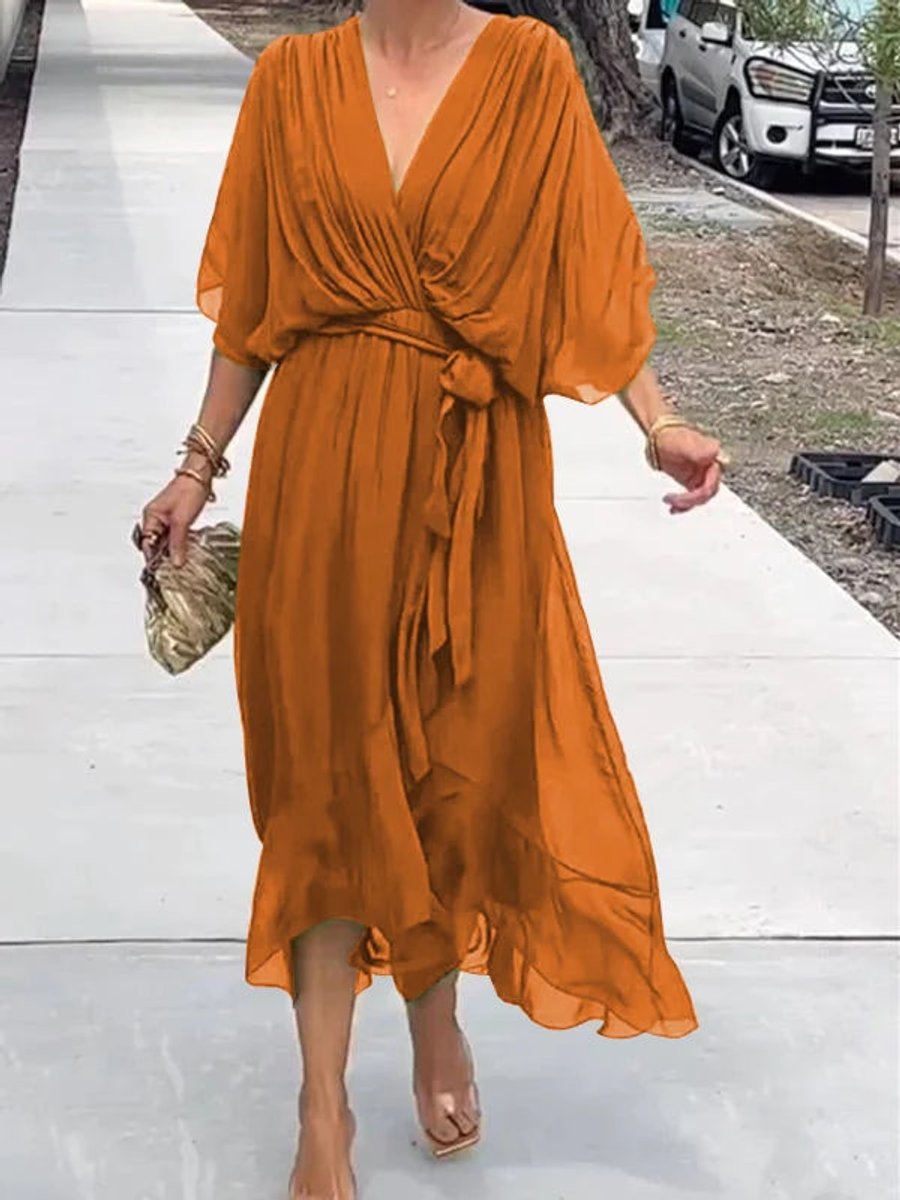 Frieda | Damen Cocktailparty-Kleid Elegantes Chiffon Midi V-Ausschnitt Bindegürtel