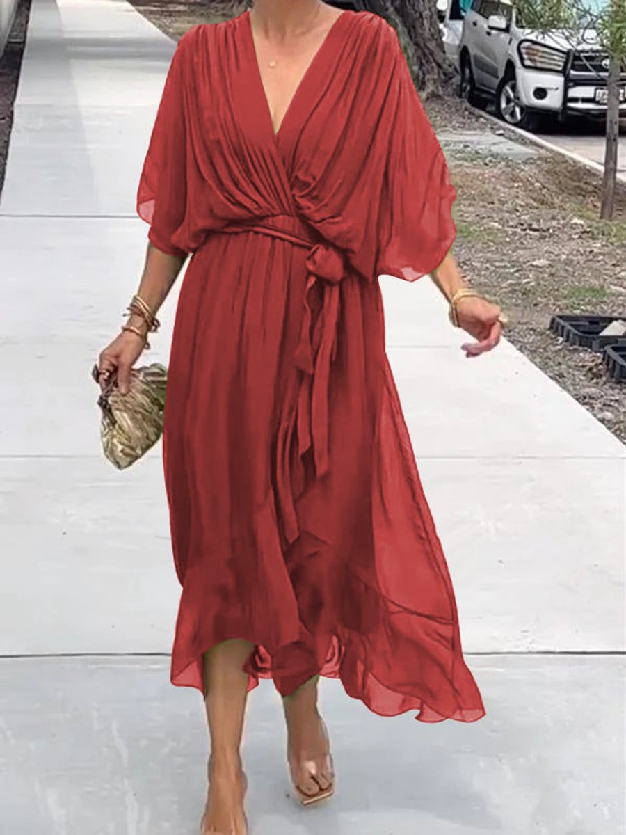 Frieda | Damen Cocktailparty-Kleid Elegantes Chiffon Midi V-Ausschnitt Bindegürtel