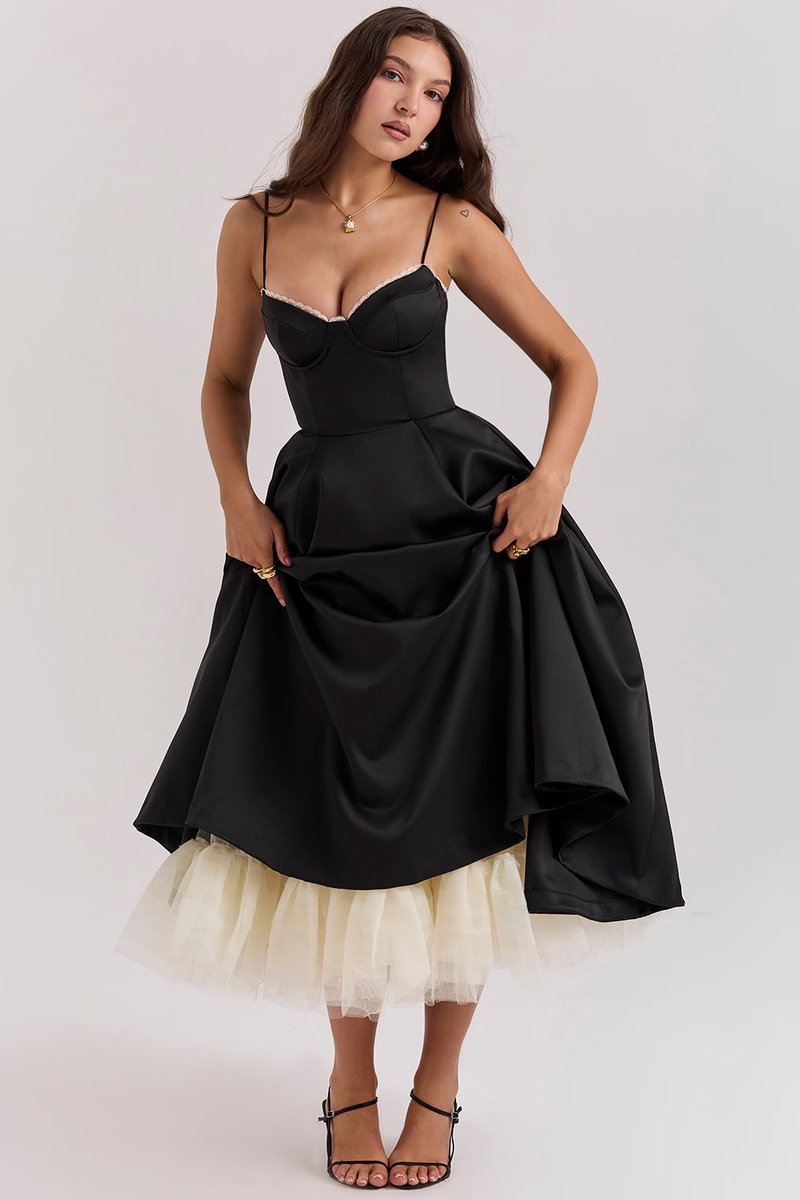 Lena | Damen Cocktailparty-Kleid elegantes Midi-Kleid mit Bügelcups Schwingrock