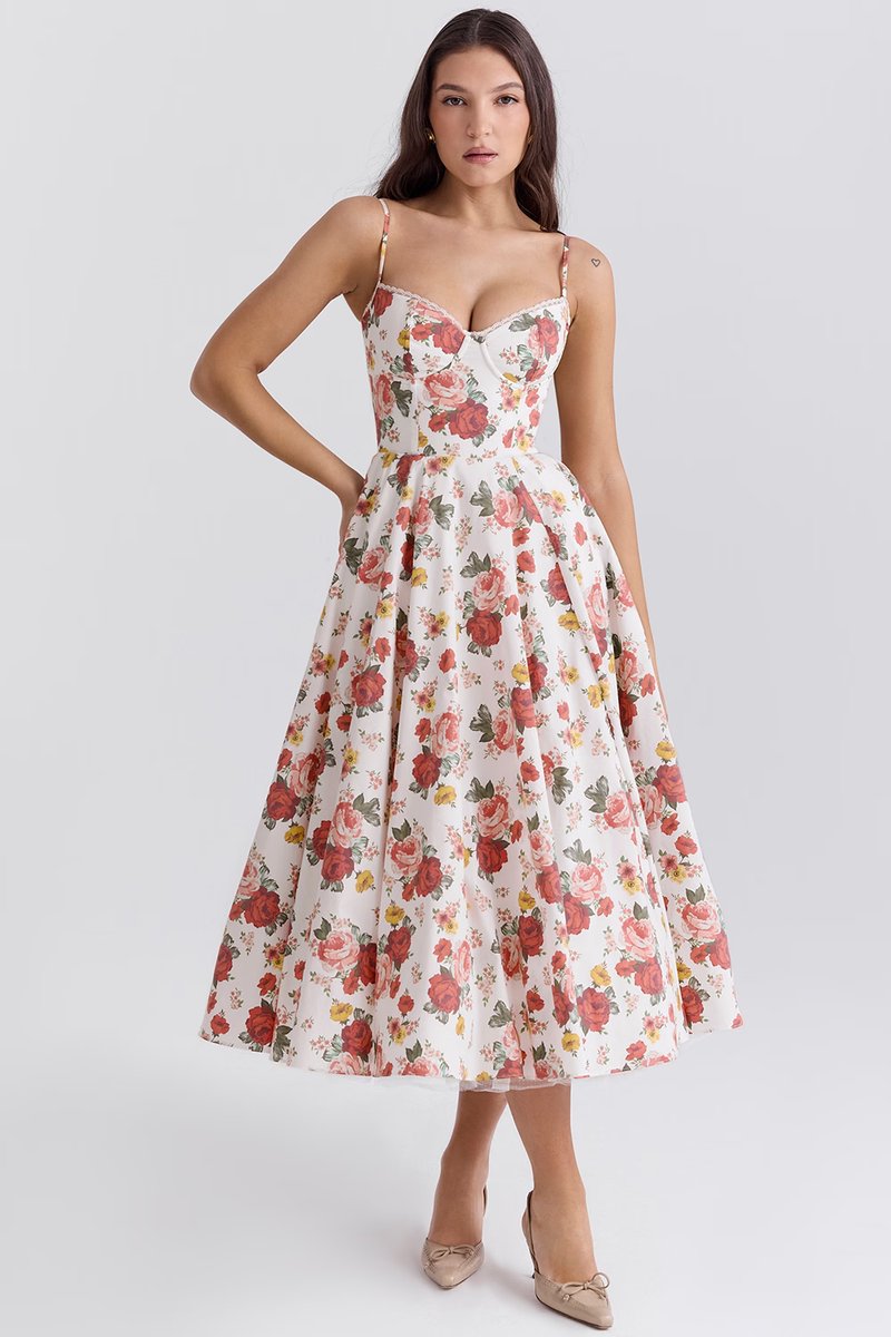 Lena | Damen Cocktailparty-Kleid elegantes Midi-Kleid mit Bügelcups Schwingrock