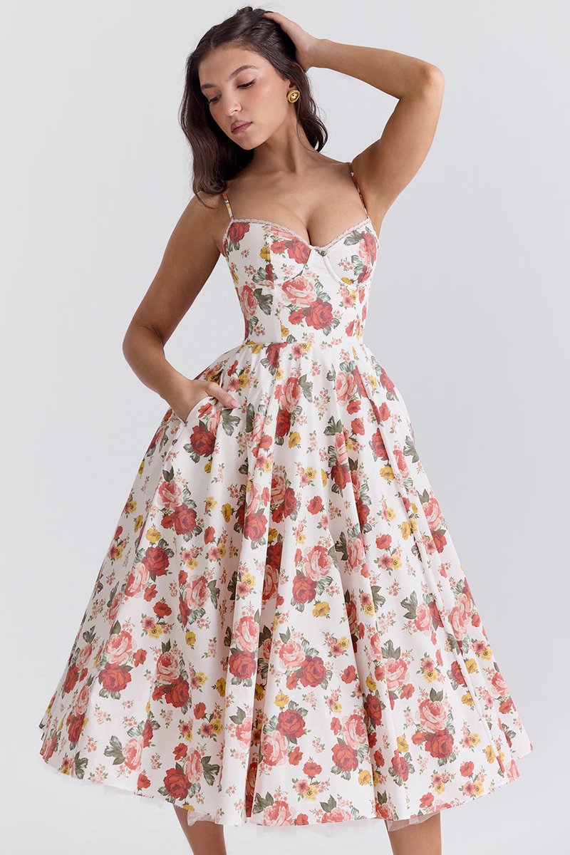 Lena | Damen Cocktailparty-Kleid elegantes Midi-Kleid mit Bügelcups Schwingrock