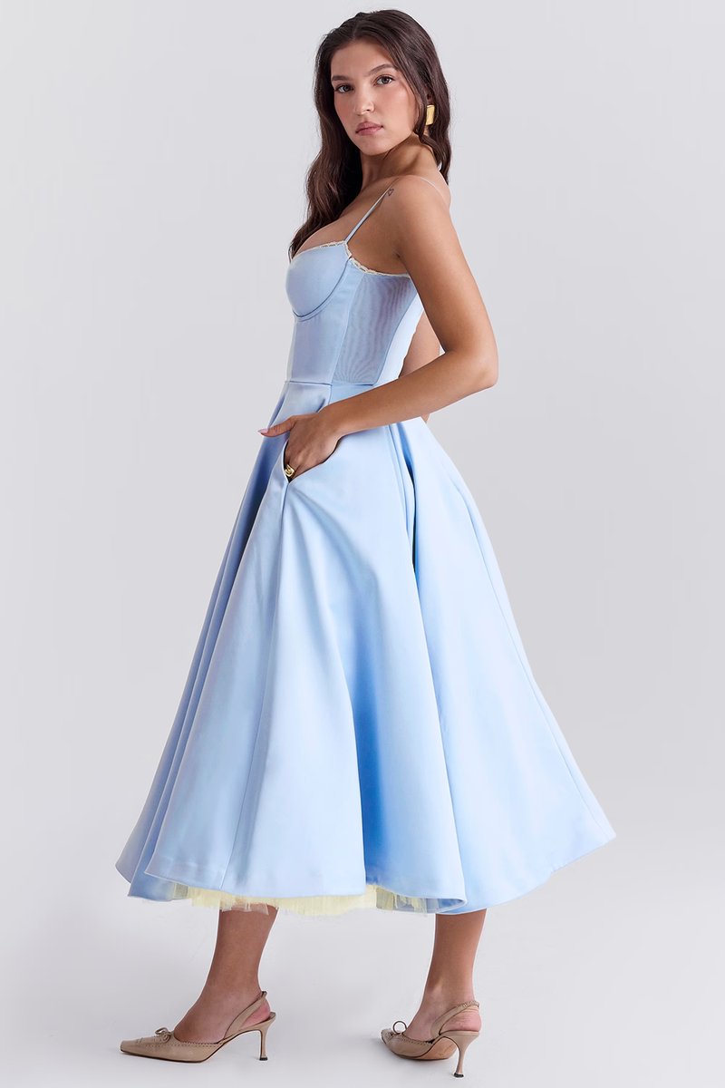 Lena | Damen Cocktailparty-Kleid elegantes Midi-Kleid mit Bügelcups Schwingrock