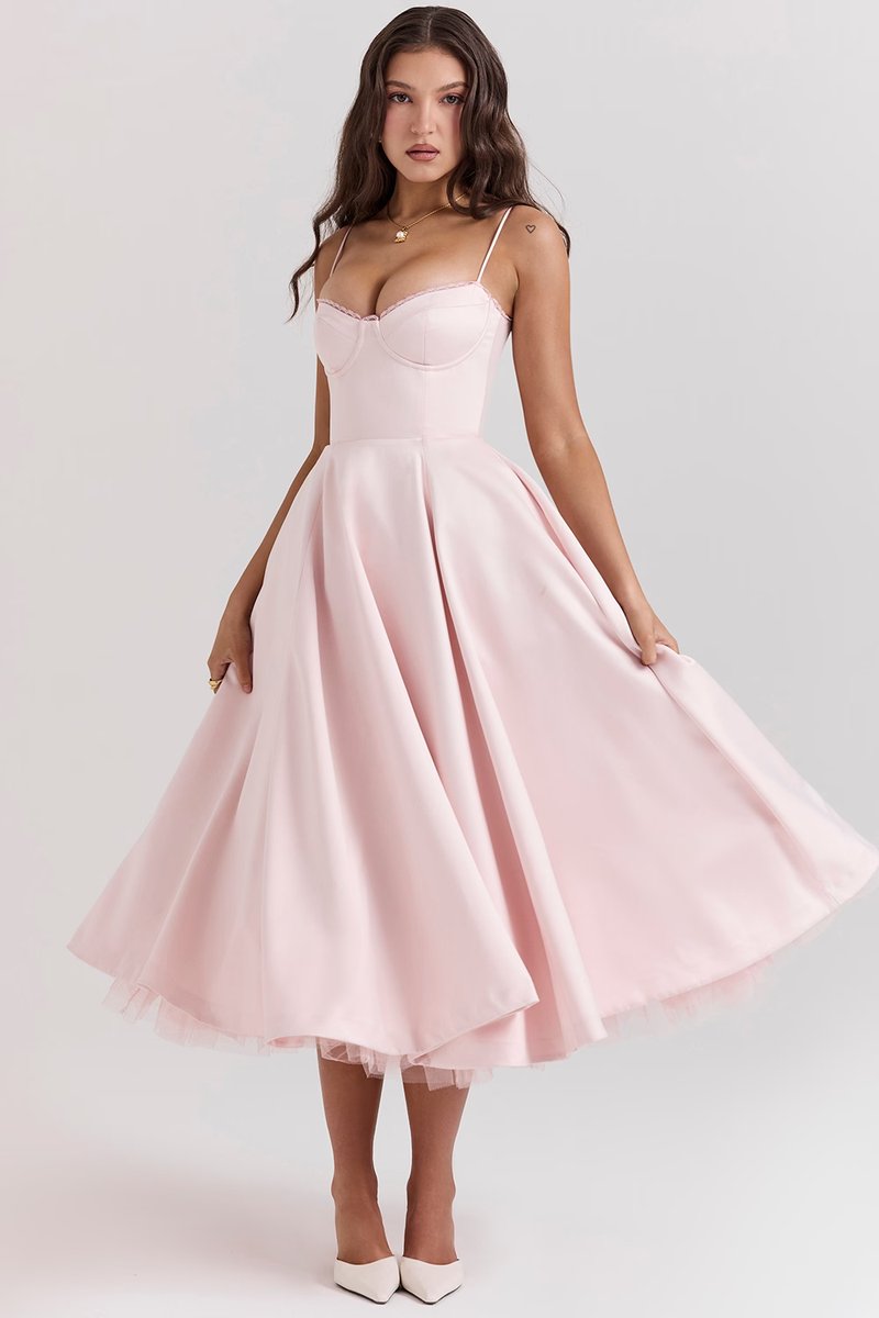 Lena | Damen Cocktailparty-Kleid elegantes Midi-Kleid mit Bügelcups Schwingrock