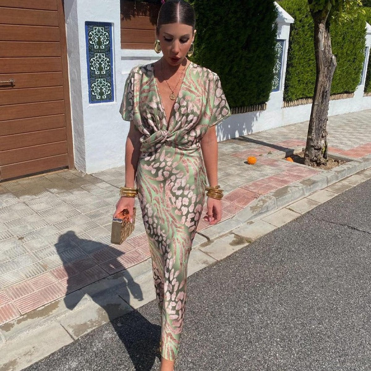 Nora | Damen Cocktailparty-Kleid figurbetontes Midi V-Ausschnitt Wickeloptik
