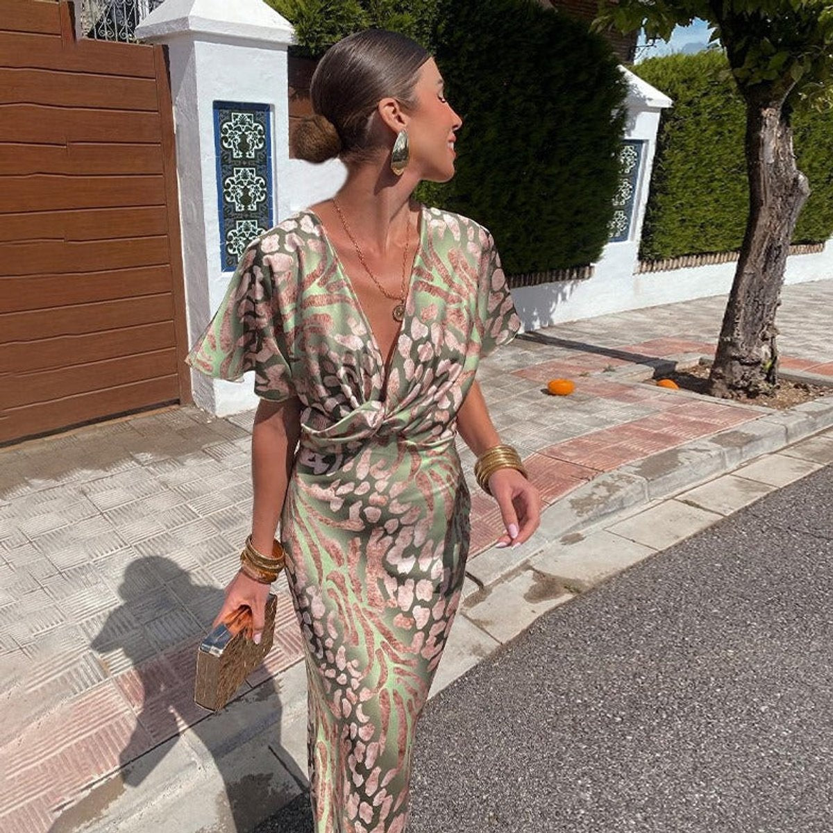 Nora | Damen Cocktailparty-Kleid figurbetontes Midi V-Ausschnitt Wickeloptik