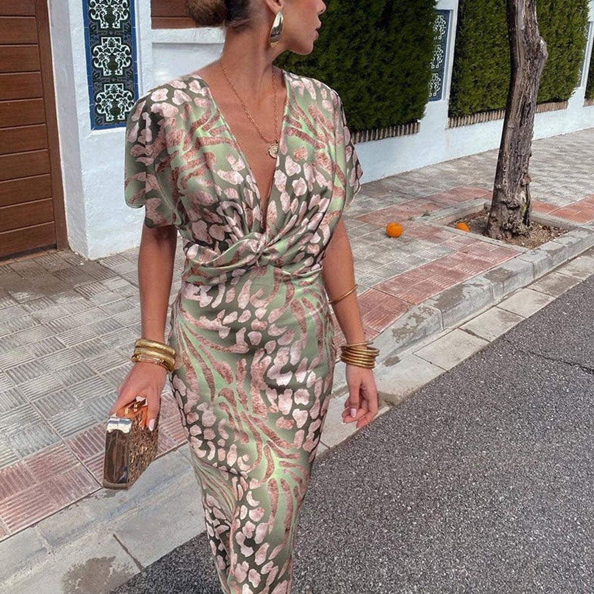 Nora | Damen Cocktailparty-Kleid figurbetontes Midi V-Ausschnitt Wickeloptik