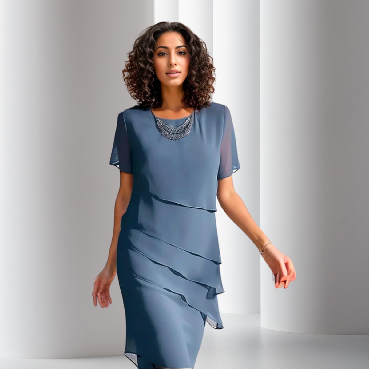 Charlotte | Damen Cocktailparty-Kleid geschichtetes Chiffon Kurzarm Abendkleid