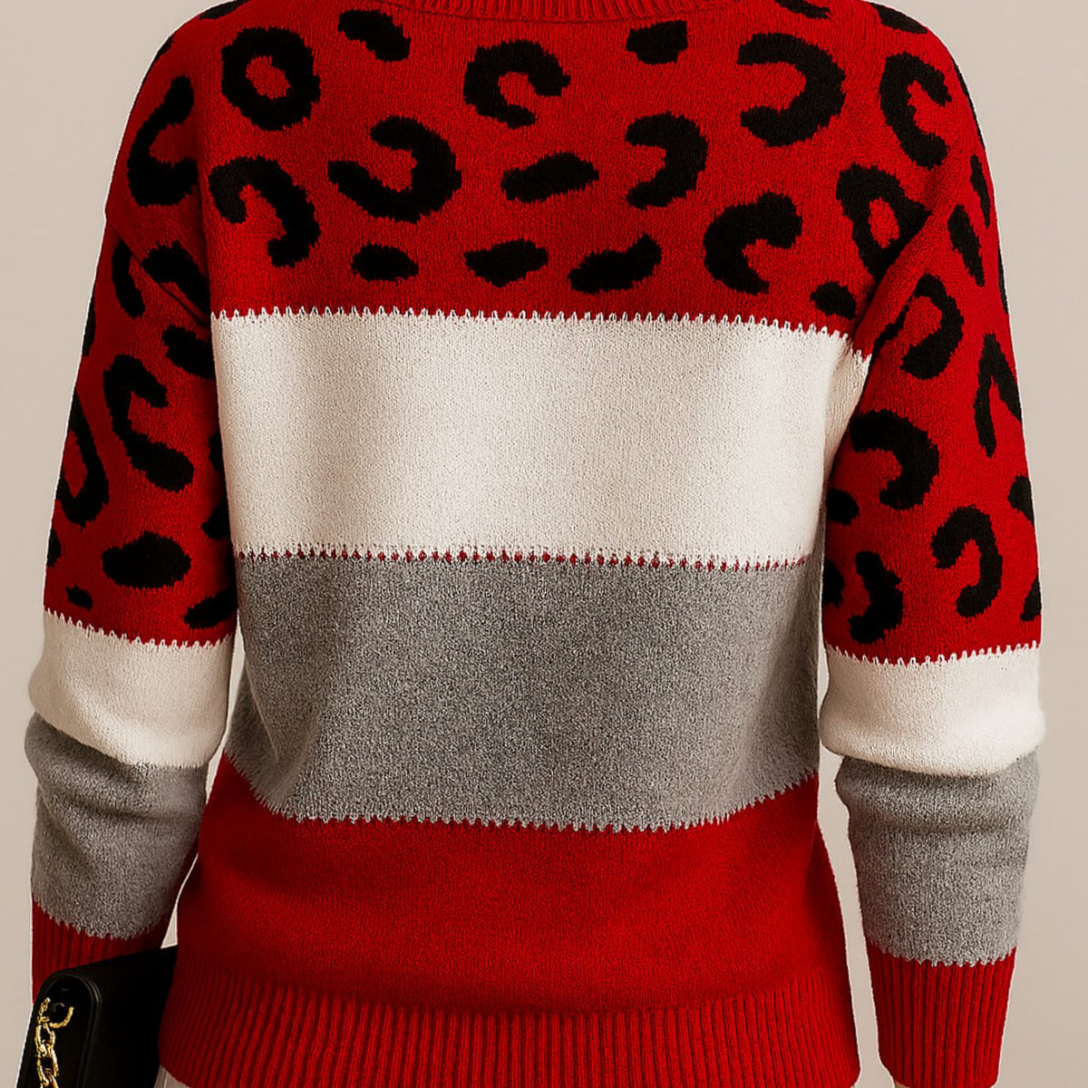 Mia | Damen Colorblock Strickpullover mit Farbblock und Leopardenmuster Rundhals