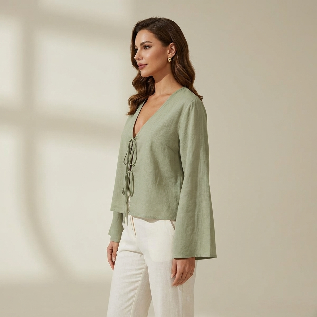 Damen Crop-Top mit langen Ärmeln und Bindevorderseite