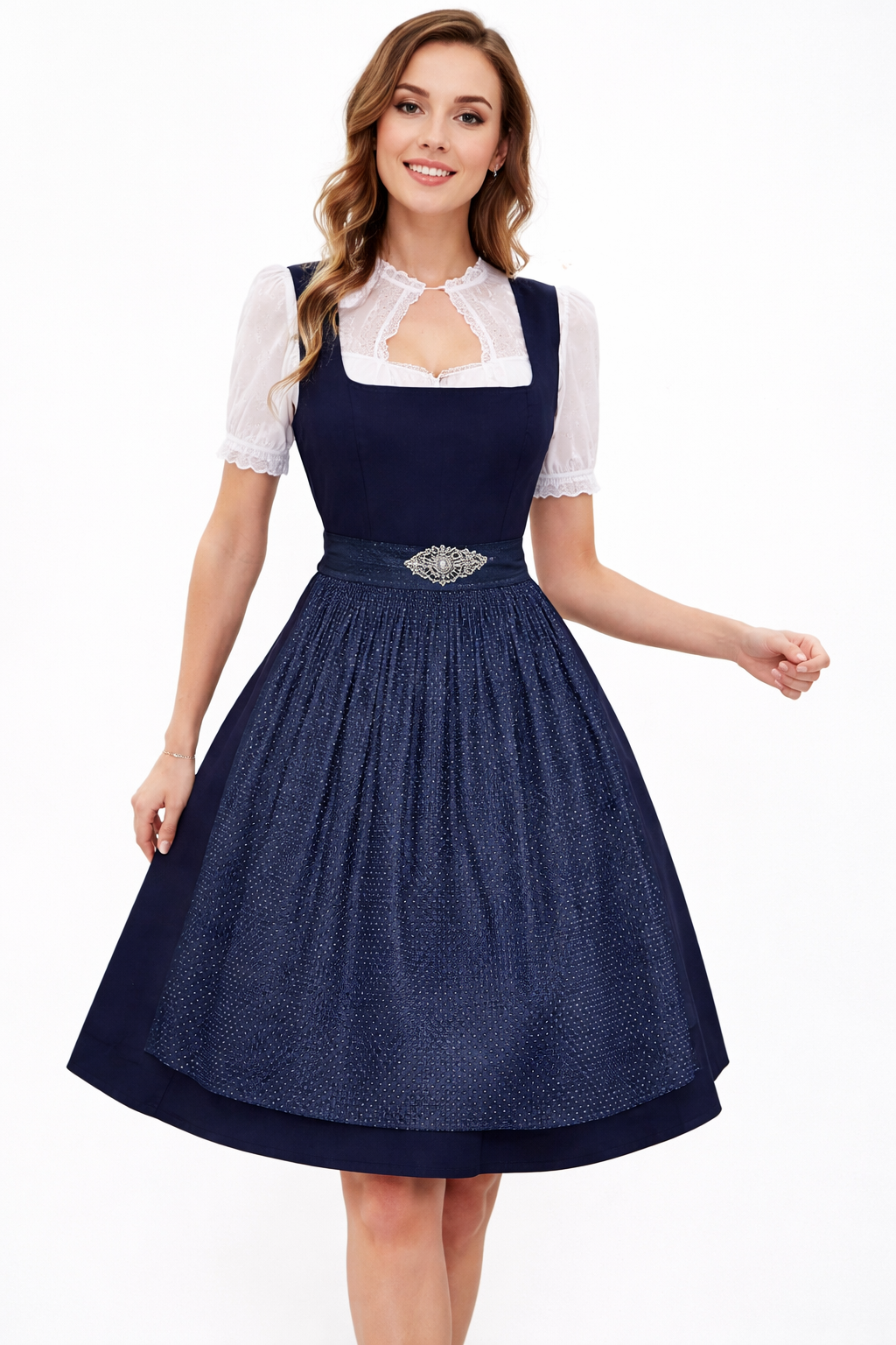 Damen Dirndl Set mit Stehkragenbluse, Taillenapplikation und Rockteil
